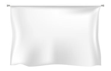 Poster - White rectangular flag waving gently on a horizontal metal pole, creating a perfect backdrop with ample copy space for text or design elements, ideal for various promotional needs