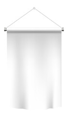 Poster - White empty textile banner hanging on a wall, supported by metal fixtures and string, perfect for creating mockups and presentations in various marketing and advertising contexts