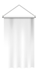 Poster - White vertical banner hanging on a metallic support with two screws, isolated against a clean white background, offering ample space for customization and design possibilities