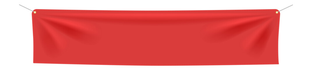 Poster - Red textile banner hanging gracefully against a clean white background, supported by two metallic wires with eyelets, perfect for displaying messages or designs in various contexts