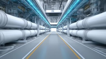 Poster - Futuristic industrial interior of a factory or power plant, featuring large white pipes, metal structures, and glowing blue lights, creating a sense of advanced technology and innovation