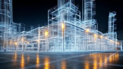 Poster - Glowing wireframe rendering of an advanced industrial complex at night, featuring illuminated lights reflecting on a polished surface, embodies innovation in engineering and construction