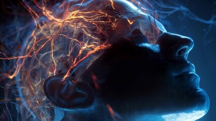 Poster - Neural network visualization revealing dynamic orange energy pulses flowing through translucent wireframe human head, representing brain activity and cognitive processes