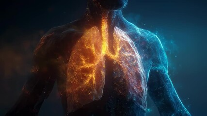 Wall Mural - Glowing particles are forming inflamed human lungs, illustrating a severe respiratory illness, which could be caused by smoking, vaping, or other harmful habits