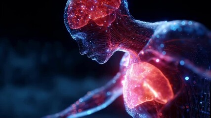 Poster - Medical science visualization revealing glowing transparent human anatomy, depicting neurological states between intense stress and deep relaxation, highlighting brain activity and lung networks