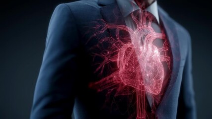 Poster - medical science visualization showing a businessman clutching his chest in pain while a holographic 