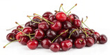 Pile of ripe red cherries with stems on white background