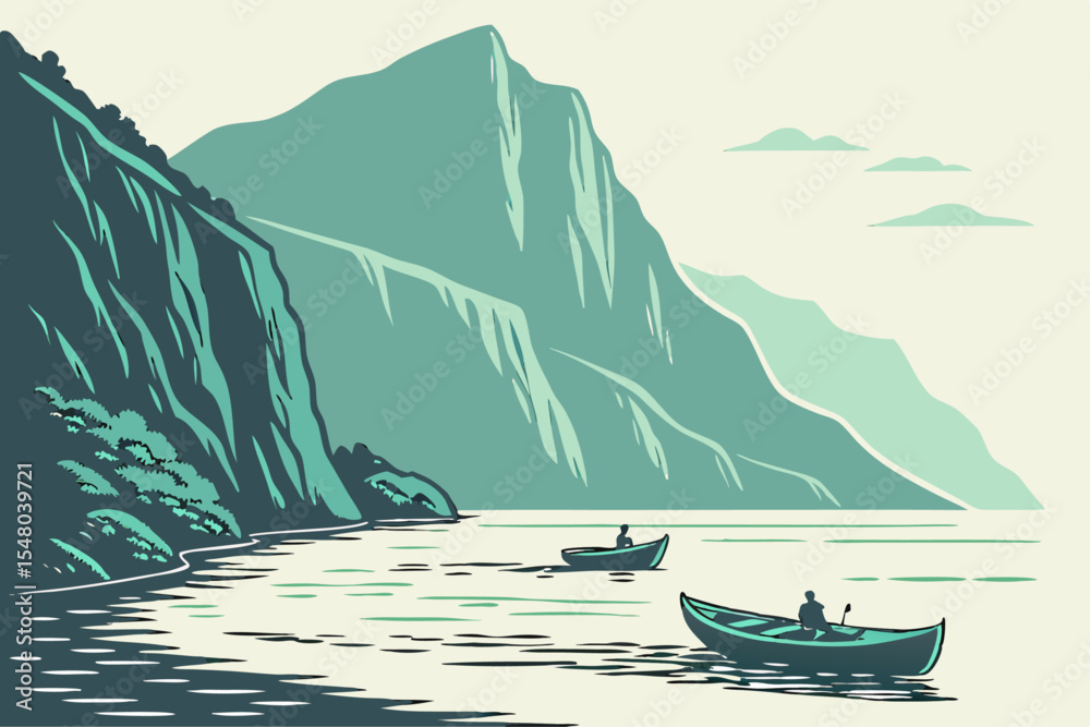 Minimalist fjord landscape with boats and cliffs