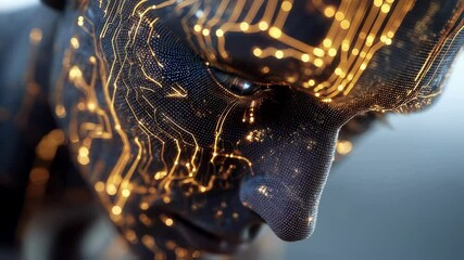 Poster - golden circuits illuminate the face of a thinking humanoid robot, highlighting activity in the front