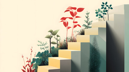 Poster - A vibrant, artistic illustration of ascending stairs adorned with various plants, symbolizing growth and progression.