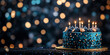 © Md - Beautiful blue birthday cake with burning candles on a dark background with blurred lights. Birthday concept
