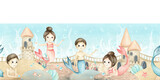 Mermaids little girl and boy seamless border, underwater castle, corals, seashell, algae, stones. Watercolor children's illustration isolated on seascape. For kids interior design, stationery