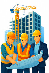 Fototapete - Construction workers reviewing blueprints near a high-rise building under construction with a crane a vivid illustration of teamwork and urban development