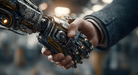 Wall Mural - robot and human shaking hands, symbolizing artificial intelligence integration, digital partnership,
