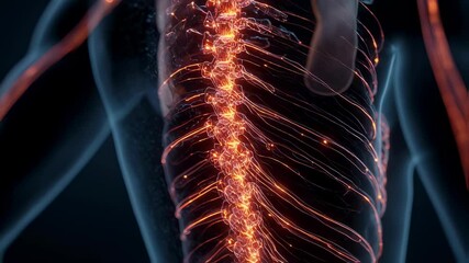 Poster - Medical visualization depicting morphine suppressing pain signals in a human spine, represented by glowing lines along the spinal cord and nerves
