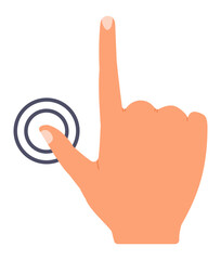 Poster - Cartoon hand using index finger touching or pointing blank digital touchscreen, activating futuristic interactive technology, virtual reality interface or modern user experience