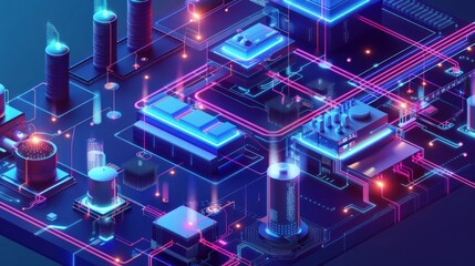 Poster - Neon Circuit Cityscape, Futuristic Digital Metropolis