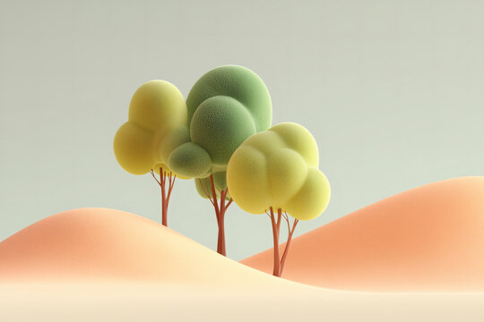 Stylized 3D trees on orange sand dunes, minimalist landscape, pastel color palette, serene and whimsical.