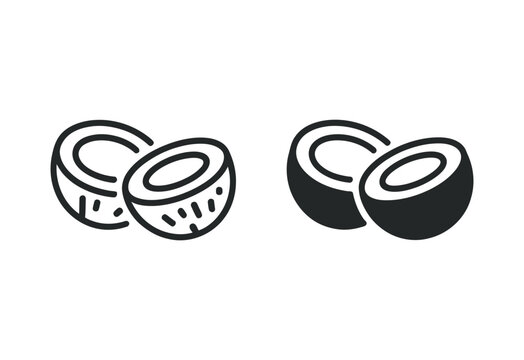 Coconut halves line art icon set black and white