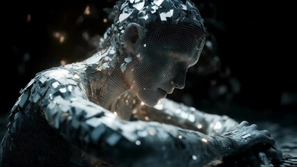 Poster - medical science visualization portraying wireframe human body disintegrating, emitting luminous ener