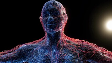 Poster - glowing medical visualization revealing regenerating circulatory system of elder patient, displaying