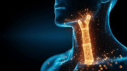 Poster - medical visualization highlighting the trachea within a glowing representation of human anatomy, emp