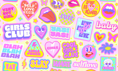 Poster - Girls Cute Stickers Set. Cool Y2k Girly Patches. Pop Smile Art Badges.