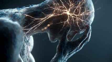 Poster - Neural network pathways glowing and deteriorating, visualizing neurological degradation of huntington's disease through disintegrating electrical impulses in human brain