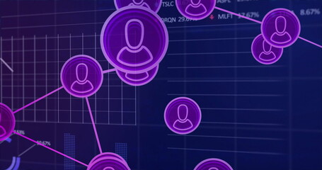 Poster - Displaying avatar network on dashboard, with purple icons, pink lines, grid overlays and bar charts