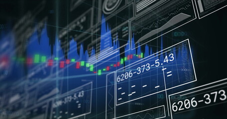 Aufkleber - Displaying trading dashboard panels with candlestick and area graphs, grid overlay and axis labels