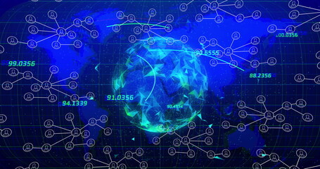 Poster - Displaying central faceted globe on blue grid with network lines, nodes and floating data points