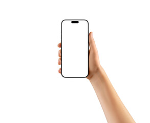 Poster - Hand holding modern smartphone with blank screen on transparent background. Perfect for app previews, UI mockups, and mobile product promotions