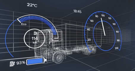 Poster - Displaying wireframe truck model moving on dark 3D grid interface, power gauge and speedometer