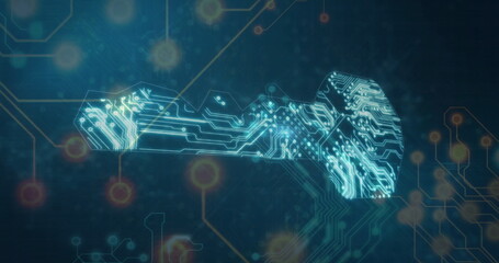 Fototapete - Floating neon blue circuit-trace key hovering above virtual network field, with glowing nodes