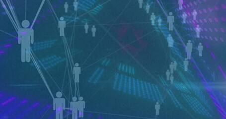 Poster - Visualizing network of human silhouette icons linking with lines on digital backdrop, glowing nodes