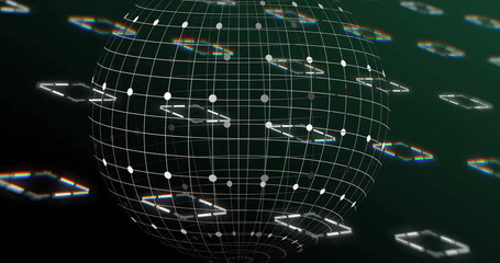 Poster - Spinning wireframe sphere in virtual environment, with white grid lines, nodes and luminous squares