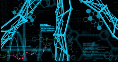 Poster - Showing neon-blue wireframe lower legs moving in data hub, with candlestick chart, hex overlays