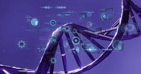 Poster - Twisting DNA helix in lab, with floating panels showing graphs, waveforms, molecular and map icons