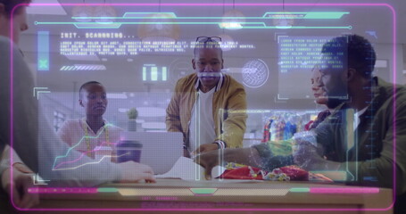 Poster - Leaning man in bomber jacket viewing neon holograms in meeting room with laptops documents mug pens