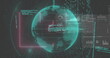 © vectorfusionart - Rotating glowing wireframe globe appearing in futuristic interface, with code and data panels