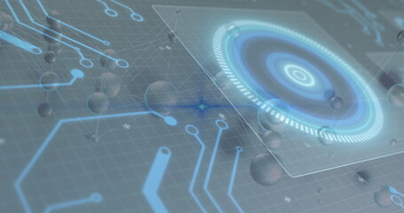 Poster - Displaying holographic panel with rings over digital grid, neon circuit nodes, spheres, copy space