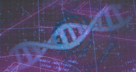 Poster - Floating DNA helix in biotech interface, glowing grid, HUD circles, hex icons, data nodes and lines