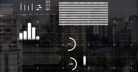Poster - Presenting data overlay over city skyline, with bar and line charts, gauges, grid lines and tables