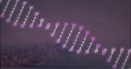 Poster - Forming DNA double helix in purple backdrop, glowing nodes, lines, pixel grid, waterfront skyline
