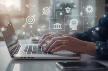 Poster - Online education and digital learning concept. Hands typing on a laptop with education icons such as diploma, brain, and target, ideal for e-learning platforms, digital skill development.