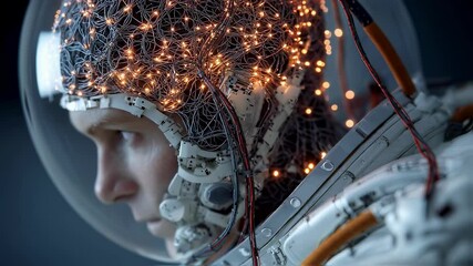 Poster - neural interface helmet glowing with intricate brain networks, revealing futuristic space exploratio