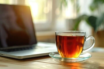 Fototapete - High Quality Visual of There is a Cup of Tea on a Table Next to a Laptop