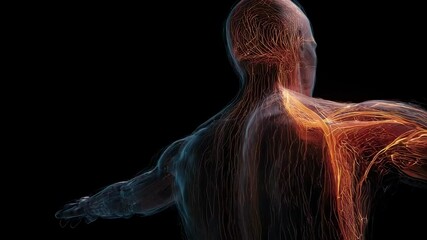 Poster - medical visualization revealing glowing anatomical layers of male human body, rotating and highlight