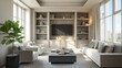 © fufunafifu - Modern neutral living room with sectional sofa, coffee table, and built-in shelving. Sunlit urban apartment interior. Calm luxury and home comfort. Ideal for real estate and interior design