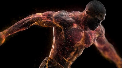 Wall Mural - Muscular system visualization revealing glowing muscle structure during high intensity running, displaying human body performance and athletic energy flow against dark background